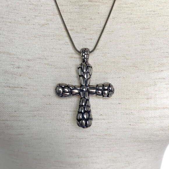 Sterling Silver 925 RB Chunky Pebbled Dot Pattern Cross Pendant Necklace 24" - Picture 6 of 16
